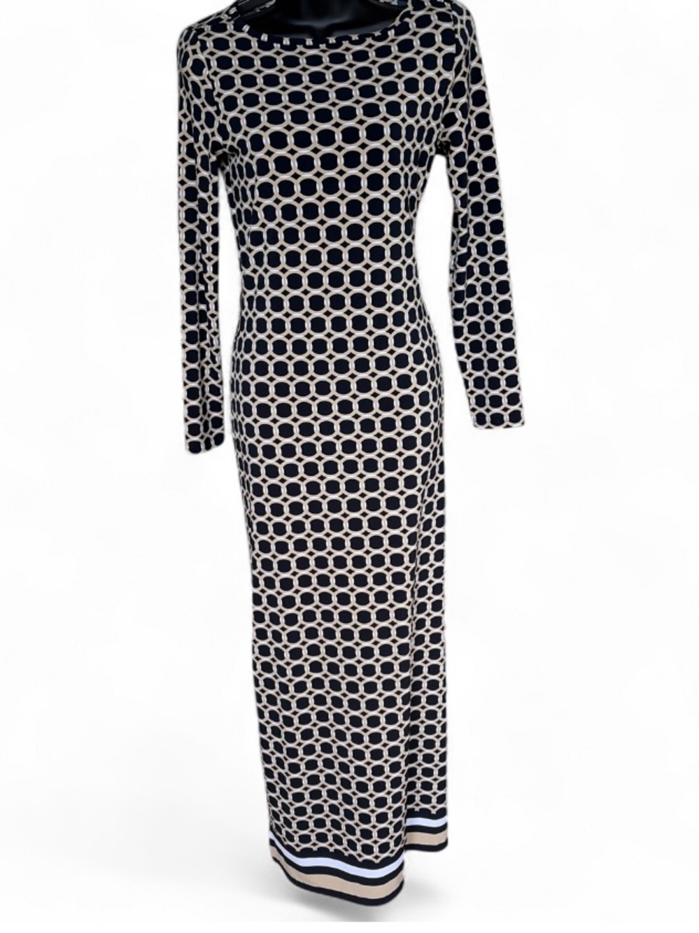 Women’s Long Sleeve Black and White Geometric Maxi Dress
